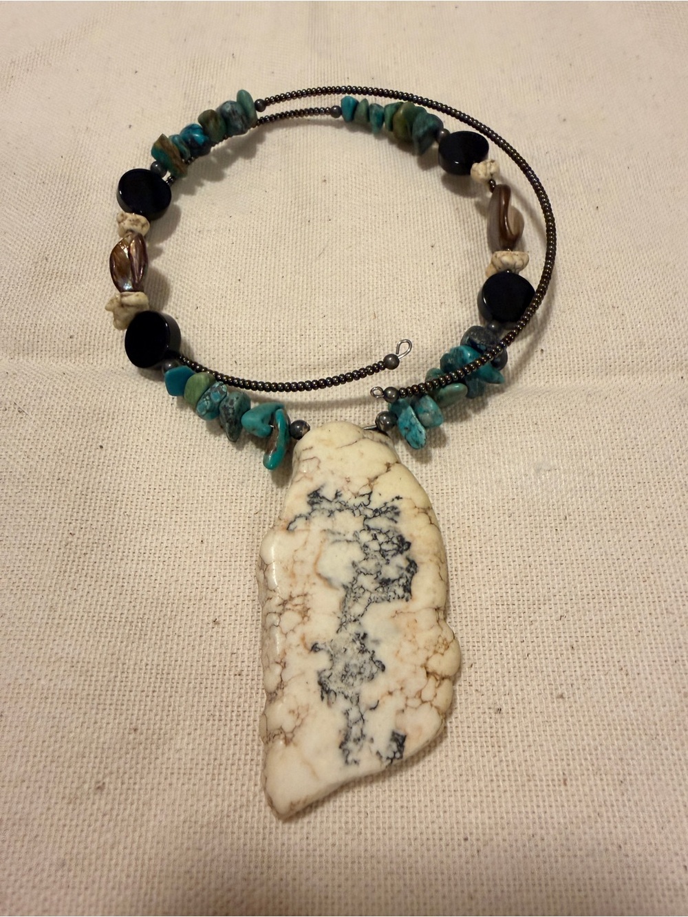 Turquoise Chip Necklace with White Marble Pendant
